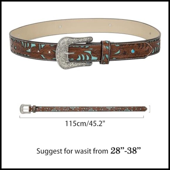 Faux Leather Rhinestone Western Belt with Turquoise Carved Pattern